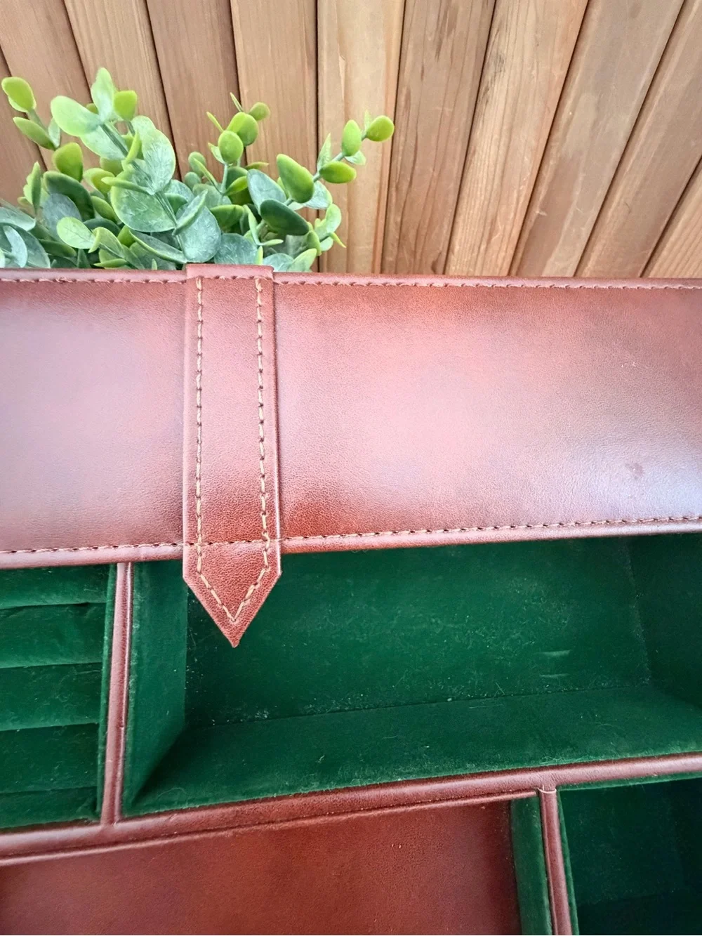 Vintage Faux Leather Valet Tray Jewelry Organizer Brown Green Flocked Interior